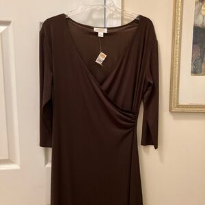 Talbots V-Neck Brown Silky Wrap Stretch Dress Size 8 NWT $138 ❤️